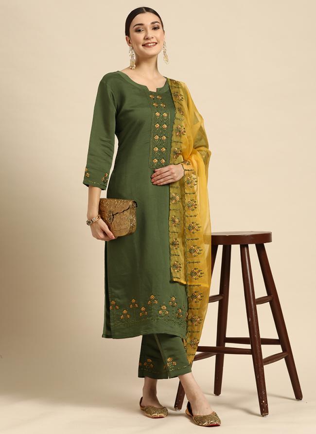 Chinon Green Casual Wear Embroidery Work Readymade Kurta Set